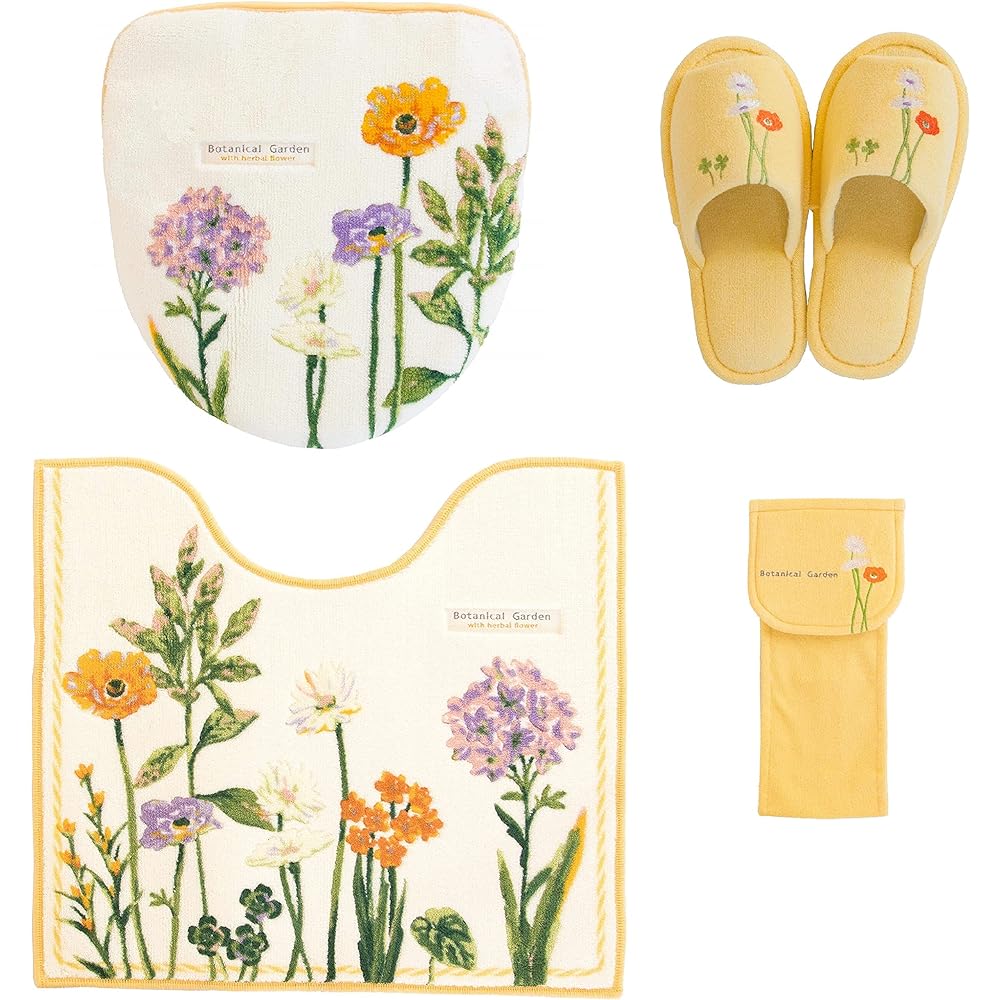 Toilet mat 4-piece set yellow Scandinavian toilet mat + suction type lid cover + slippers + paper holder cover money luck yellow feng shui made in Japan Oka botanical water absorption antibacterial