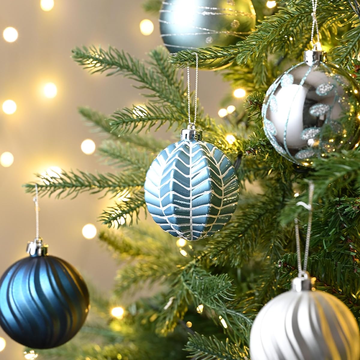 Valery Madelyn 16ct 80mm Winter Wishes Silver and Blue Christmas Ball Ornament Decor Shatterproof Christmas Tree Ornament for Christmas Decorations
