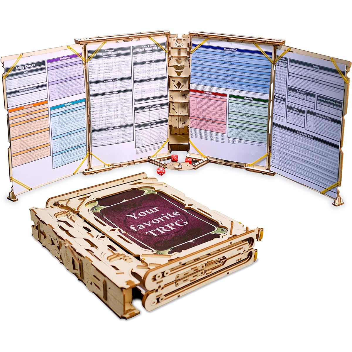 Ugears Game Masters Screen - Unique Wizard Wooden Screen 2 3 4 Panels with Easy Cheat Sheet (A4 or 8.5 x 11 inches)