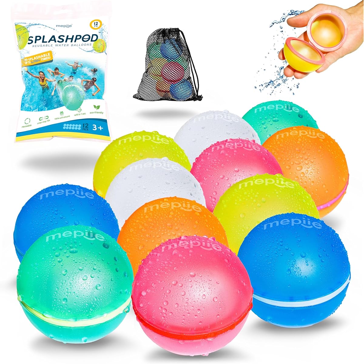 mepiie • SPLASHPOD • Reusable Water Balloons with Mesh Bag | Self-Sealing Magnetic Water Bombs for Kids Adults Eco-Friendly Silicone Outdoor Play Water Pool Games Toys Summer Fun Party Gifts (12 Pack)