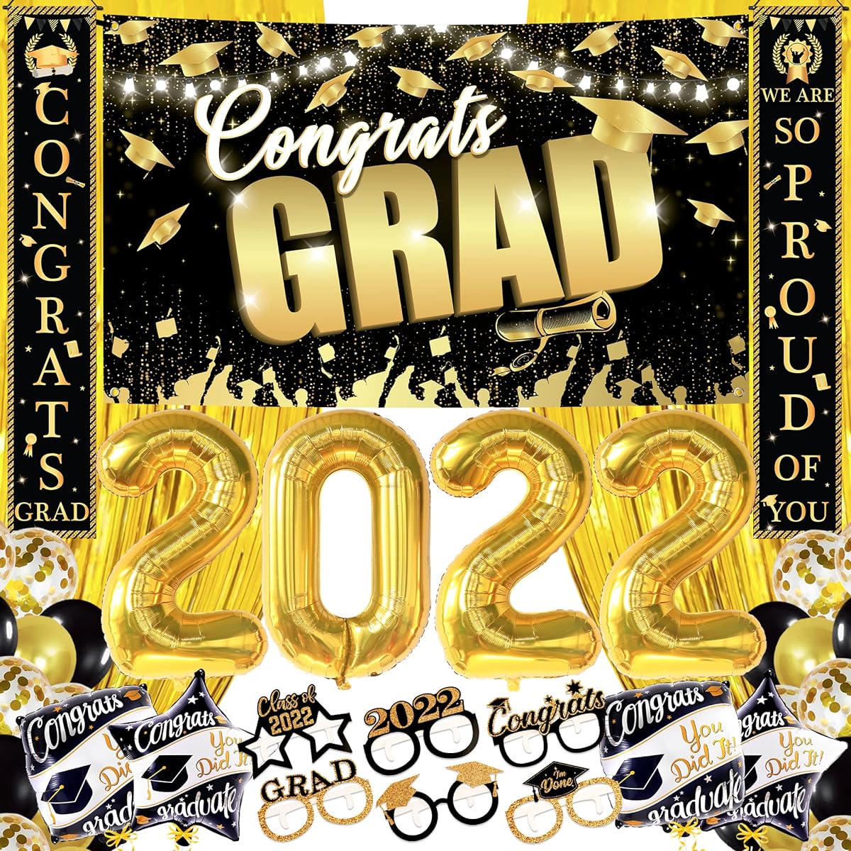 Giant Graduation Party Decorations 2022 - Pack of 40 | Graduation Banner for Graduation Photo Booth Props 2022 | Gold 2022 Balloons | Black and Gold Graduation Decorations 2022 | Graduation Balloons