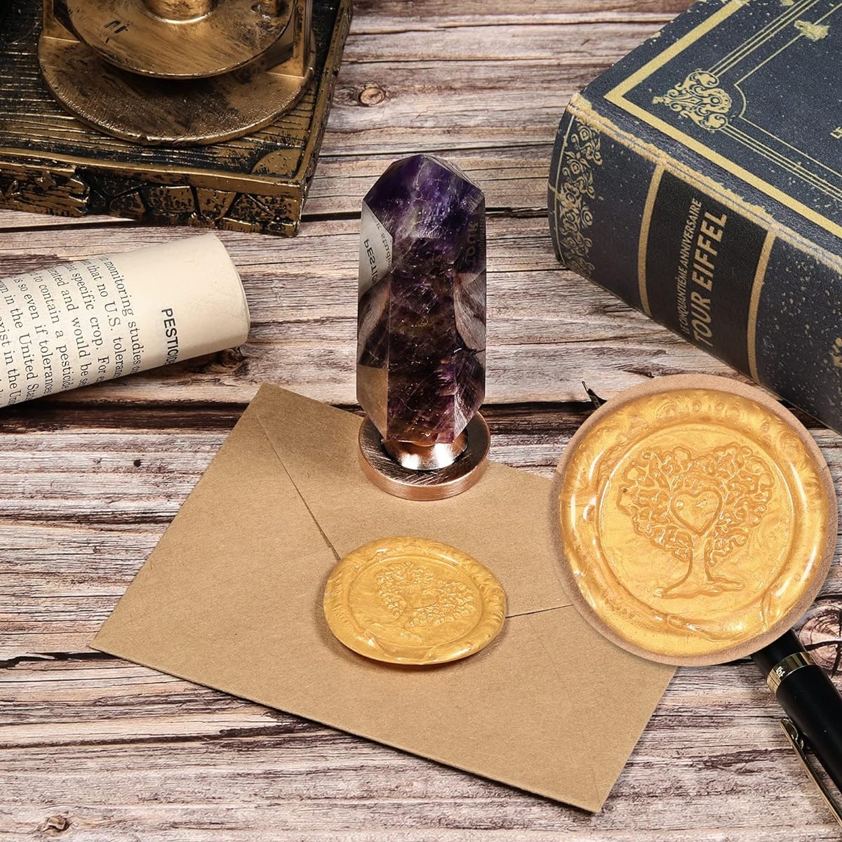 Cheungshing Amethyst Crystal Hexagon Prism Wax Seal Stamp Removable Vintage Copper Seal for Invitation Card Christmas Halloween Thanksgiving Gift Tree of Life Love Heart Shaped Pattern