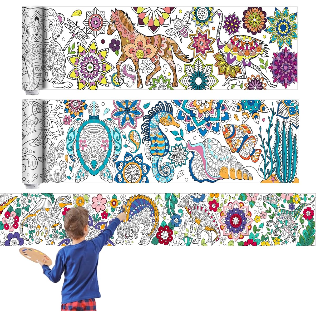 Pasimy Giant Coloring Poster Mandala Animals Jumbo DIY Construction Paper Large Coloring Sheet Large Mandala Coloring Book for Adults Kids Home Classroom Crafts Art Activities 11.8 x 118 Inches