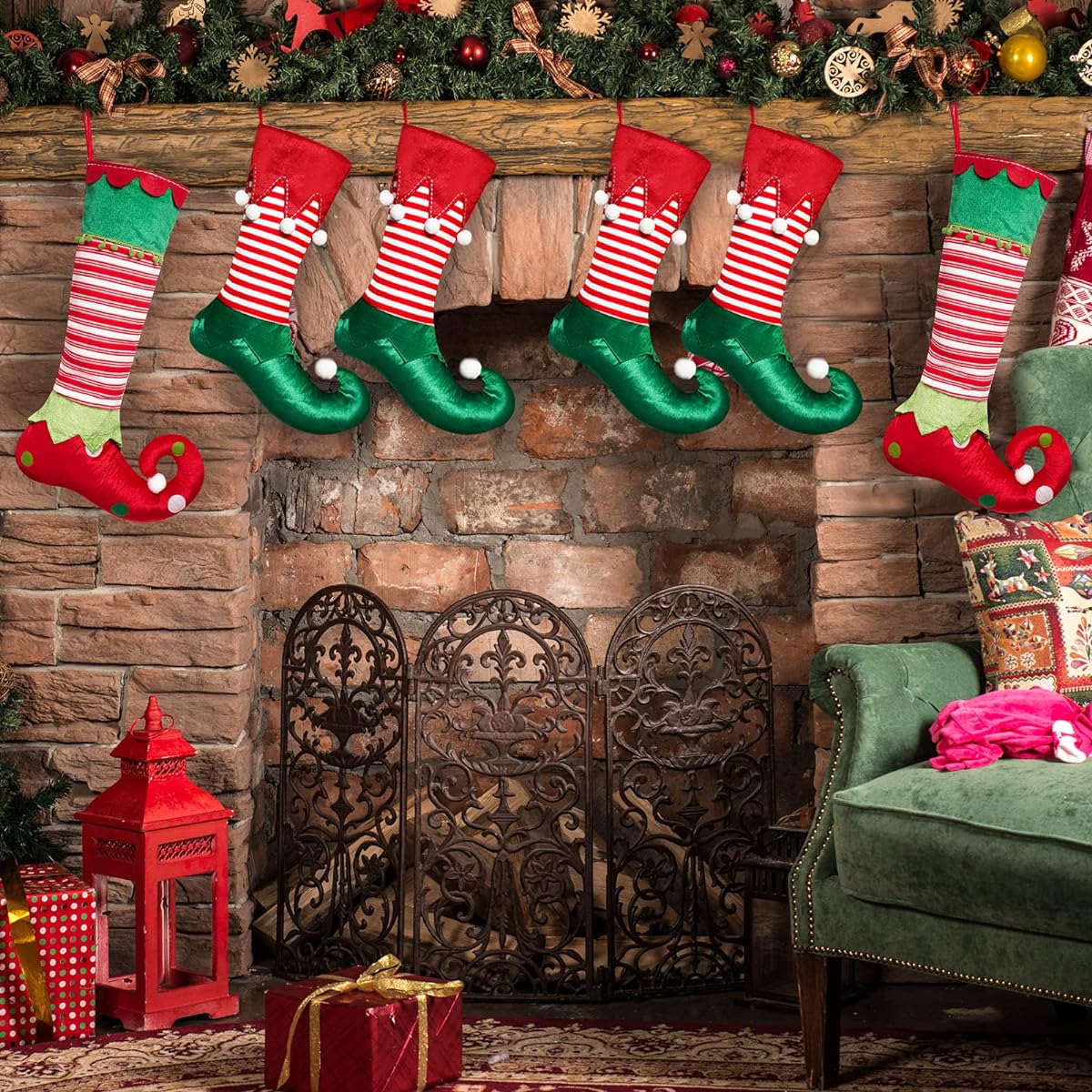TangJing Elf Christmas Stockings 21 Inch Fun Elf Christmas Stockings with Striped Decorative Corduroy for Elf Christmas Stocking Decorations (3 Pieces)