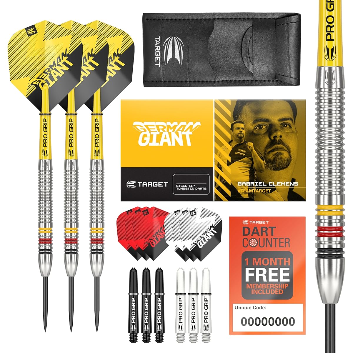 Target Darts Gabriel Clemens 23G Tungsten Steel Tip Dart Set - 9 Pro Grip Shafts - 9 Pro Ultra Flight - Dart Wallet - Dart Counter App Coupon Bundle