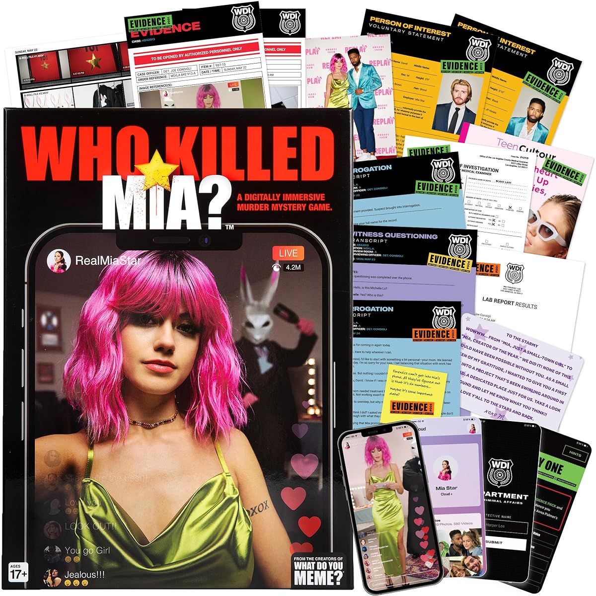 WHAT DO YOU MEME? Who Killed Mia — A Modern Murder Mystery Game True Crime Solving Games for Adults Find Who Killed Influencer Mia Star