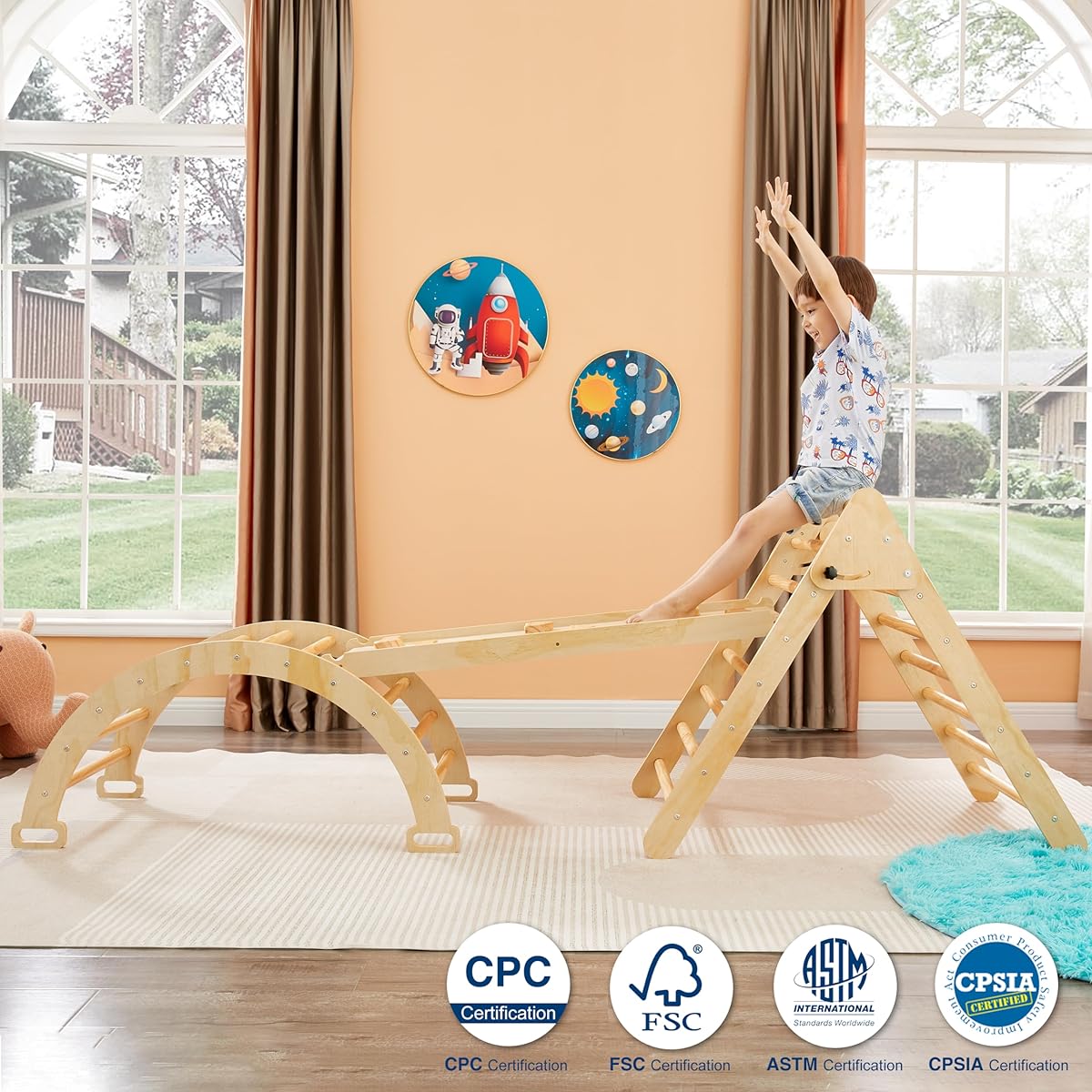 5-in-1 Pikler Triangle Gym Montessori Foldable Wooden Climbing Set with Slope Arch Climber with Rocker Toddler Climbing Triangle Learning Waldorf Kids Jungle Gym 2-6 Years Old (Natural)