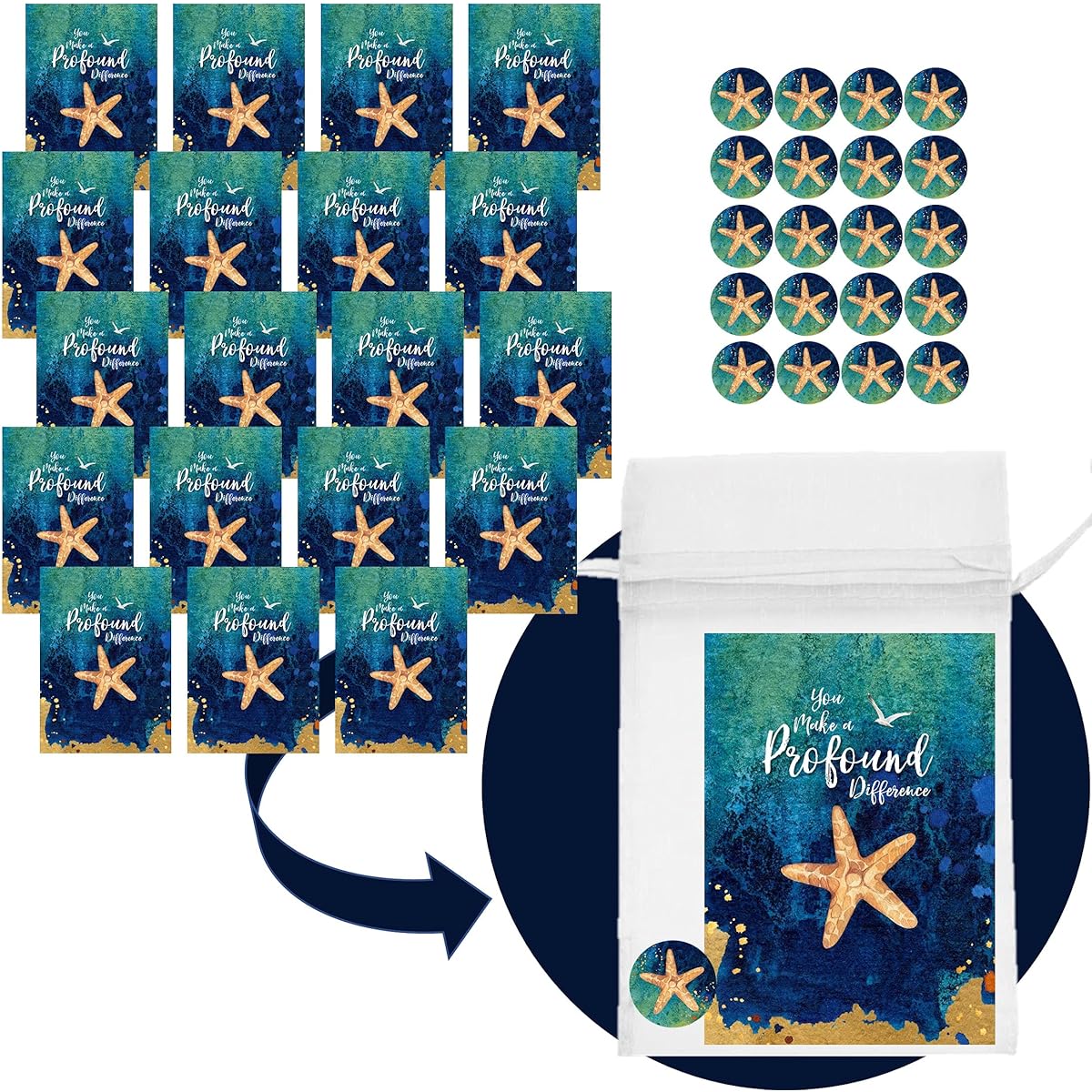 Smiling Wisdom - Starfish Story Magnet Gift Set - Full Color Thank You Note Cards, Pull String Bags, and Fridge Starfish Magnets - Blue & Green - 60 Pieces