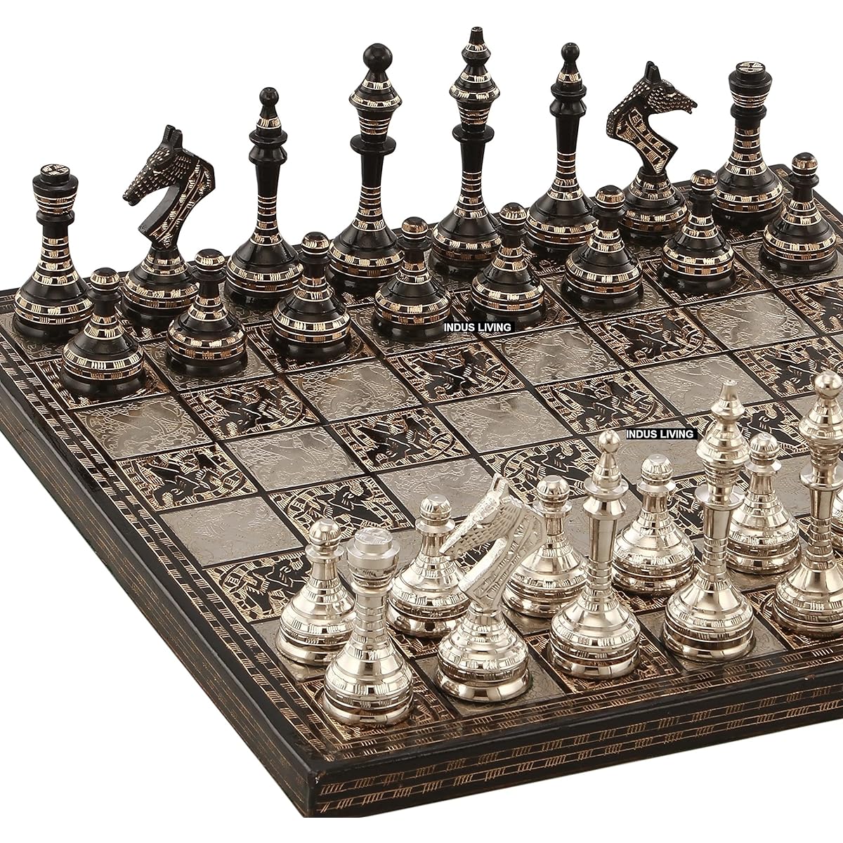 INDUS LIVING Chess Game Board Set, Collectibles, Handmade Luxury Heavy Metal Brass Chess Board Set for Professionals and Adults, Tournament (14 Inch)