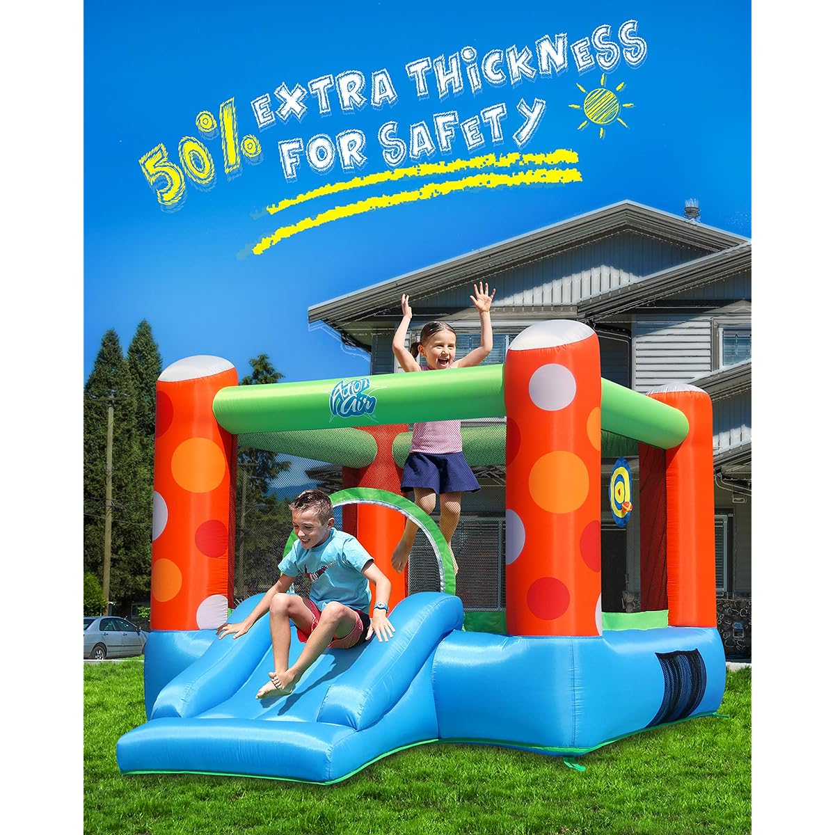 ACTION AIR Bounce House Inflatable Bounce House with Air Blower Bouncy Castle Durable Stitching Extra Thick Family Backyard Jump House Great Gift for Kids