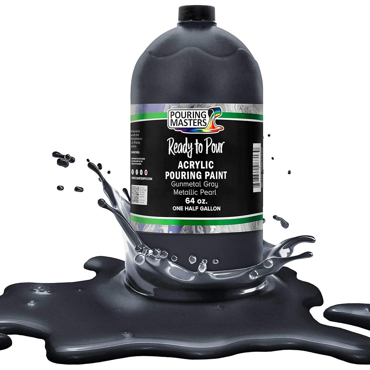 Pouring Masters Gunmetal Grey Metallic Pearl Acrylic Ready-to-Pour Paint - Premium 64 oz. Premixed Water-Based - For Canvas, Wood, Paper, Crafts, Tile, Rocks and More