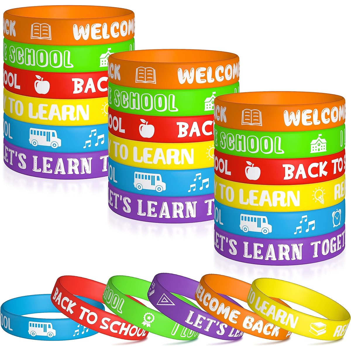 WATINC 48pcs Back to School Silicone Bracelets, Colorful Happy Welcome to School Stretch Wristbands Rubber Bracelets for Student Rewards, Party Favors Supplies, Goodie Bags, 6 Colors