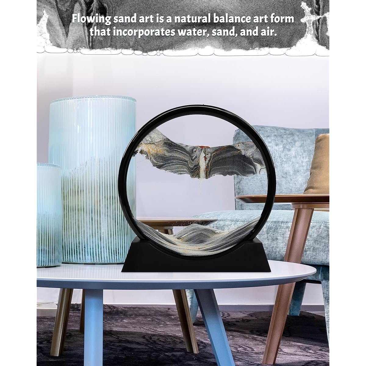 MoHern Moving Sand Art Picture Round Glass 3D Deep Sea Sand Landscape Motion Display Flowing Sand Frame Relaxing Desktop Home Office Work Decor (12 Inch, Black)
