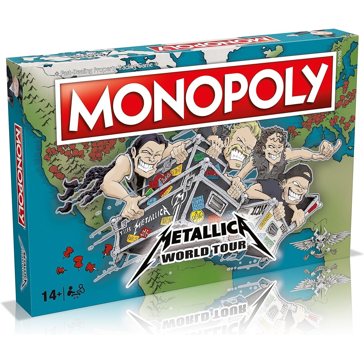Winning Moves Metallica World Tour Monopoly Board Game Tour around the world including San Paolo, Chicago and Quebec Buy real estate with Metallic Bucks Perfect gift for ages 14 and up