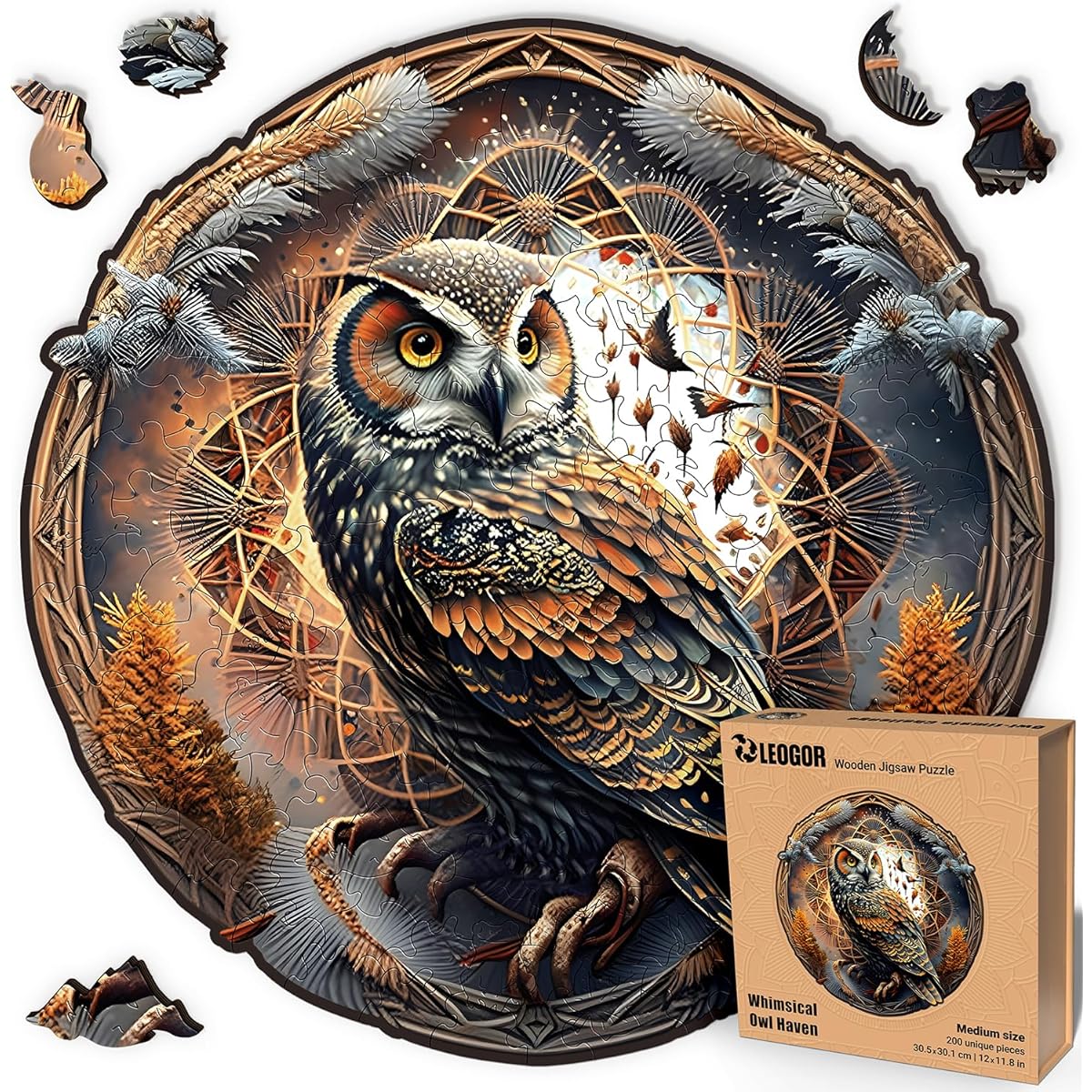 LEOGOR Mandala Owl Puzzle 200 Piece - Wooden Jigsaw Puzzle for Adults and Kids Whimsical Animal Shape Pieces - 12 x 11.8 Inch Mosaic Wood Cut - Magical Gift Boxed for Challenging Fun