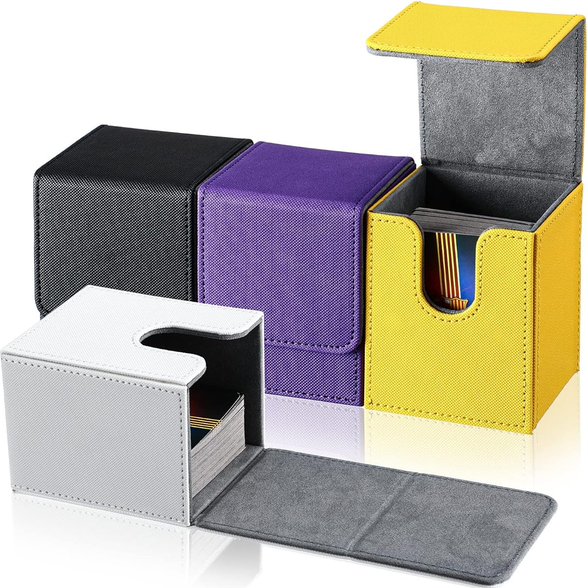 Leather Deck Card Box Set of 4 Card Deck Game Box Trading Card Box Compatible with MTG Commander Decks (White Black Purple Yellow Vertical)