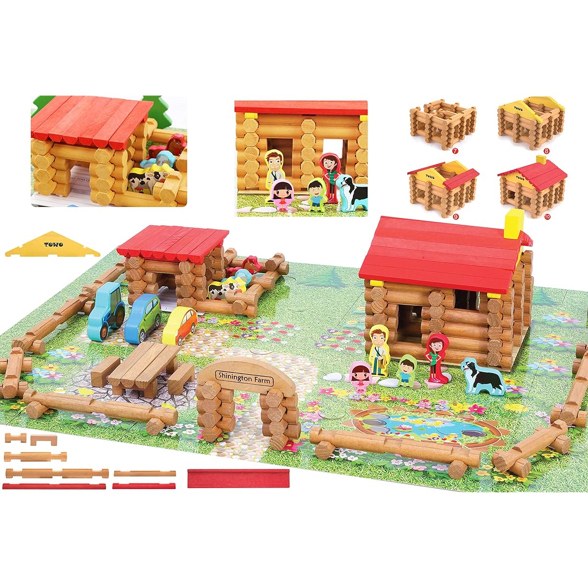 TOWO Shinington Wooden Farm Playset, Wooden Log House Set, Farmhouse Wooden Building Toy, 223 Pieces, Animal Farm, Wooden Building Toys for Ages 3, 4, 5, 6