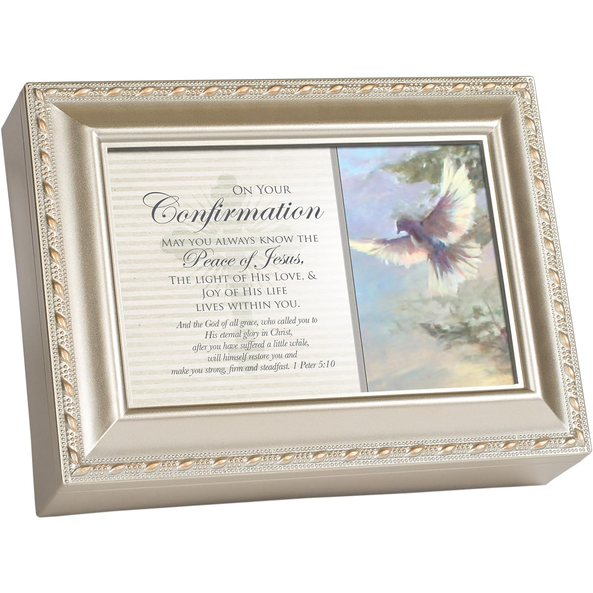 Jesus Affirms Peace Dove Champagne Silver Finish Music Jewelry Box Plays Amazing Grace