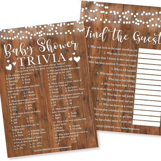 Rustic Baby Shower Games Gender Neutral - Double Sided Games 25 Baby Trivia Baby Shower Games for Guests 25 Gender Reveal Games Baby Shower Party Supplies