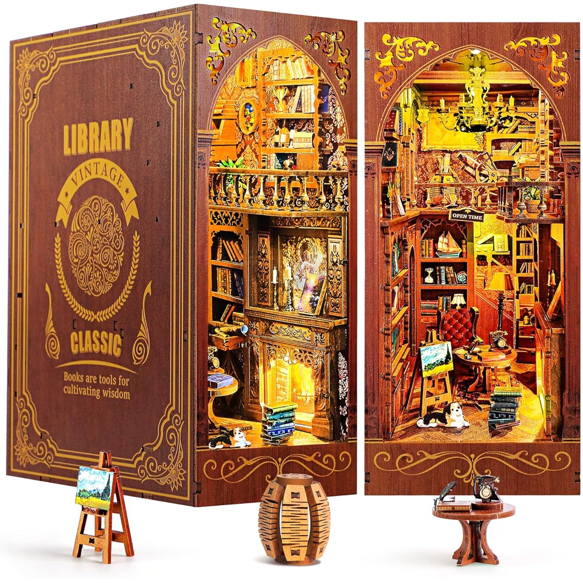 Book Nook Kit Miniature Dollhouse DIY Wooden Dollhouse Toy with Night Light Assembling Mini Model for Ages 14+ Teens and Adults Gift (Sage Library)