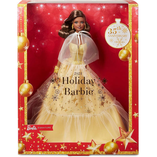 2023 Holiday Barbie Doll, Seasonal Collector Gift, Barbie Signature, Golden Gown and Displayable Packaging, Dark Brown Hair