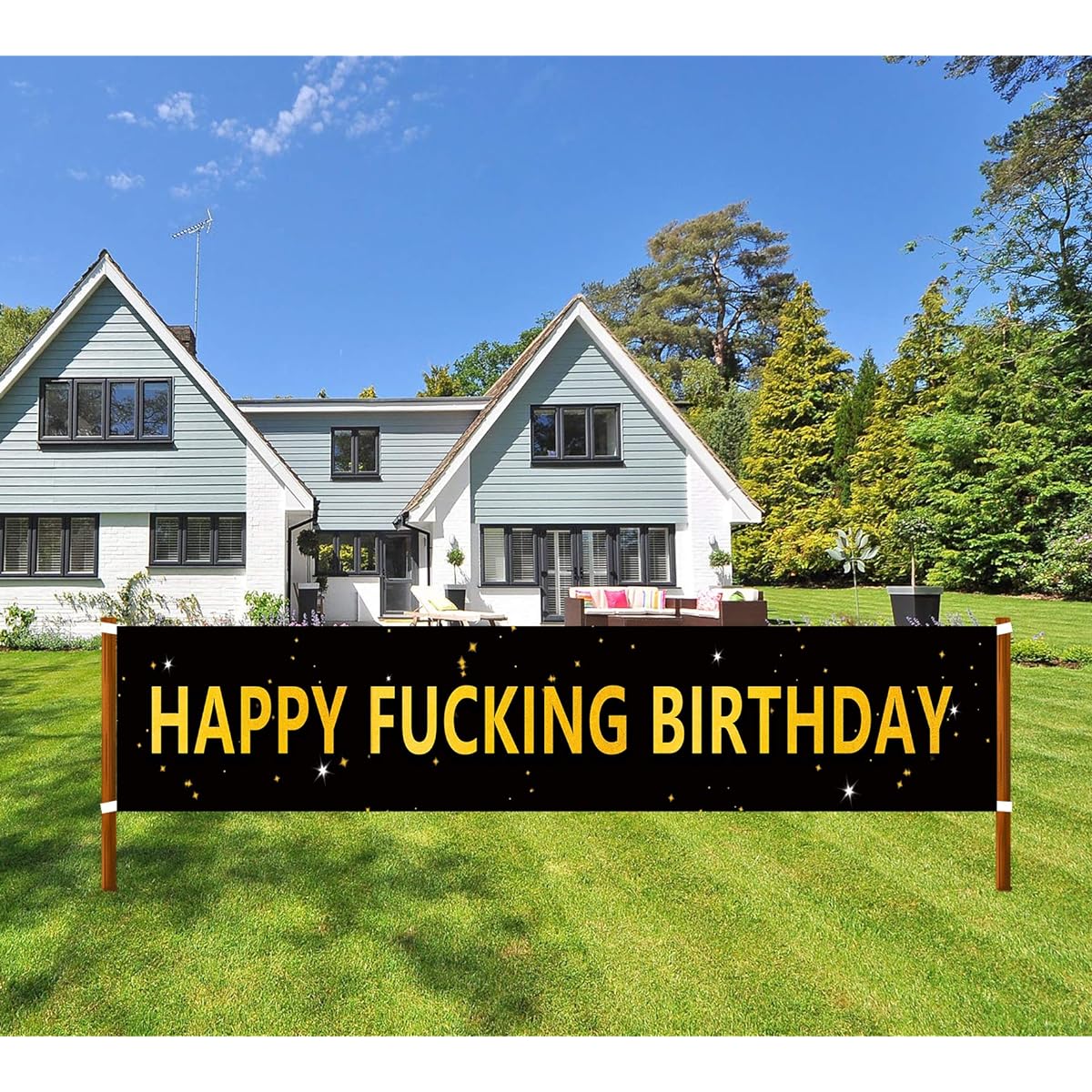 Happy Fuxking Birthday Banner, Funny Happy FING Birthday Sign, Birthday Decorations Party Supplies for Men Women Black Gold (9.8 X 1.6 Feet)