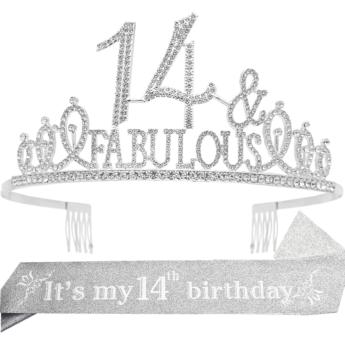 EBE EmmasbyEmma 14th Birthday Sash and Tiara for Girls - Lovely Set: Glitter Sash + Lovely Rhinestone Silver Premium Metal Tiara for 14th Birthday Gifts for Teenager Party