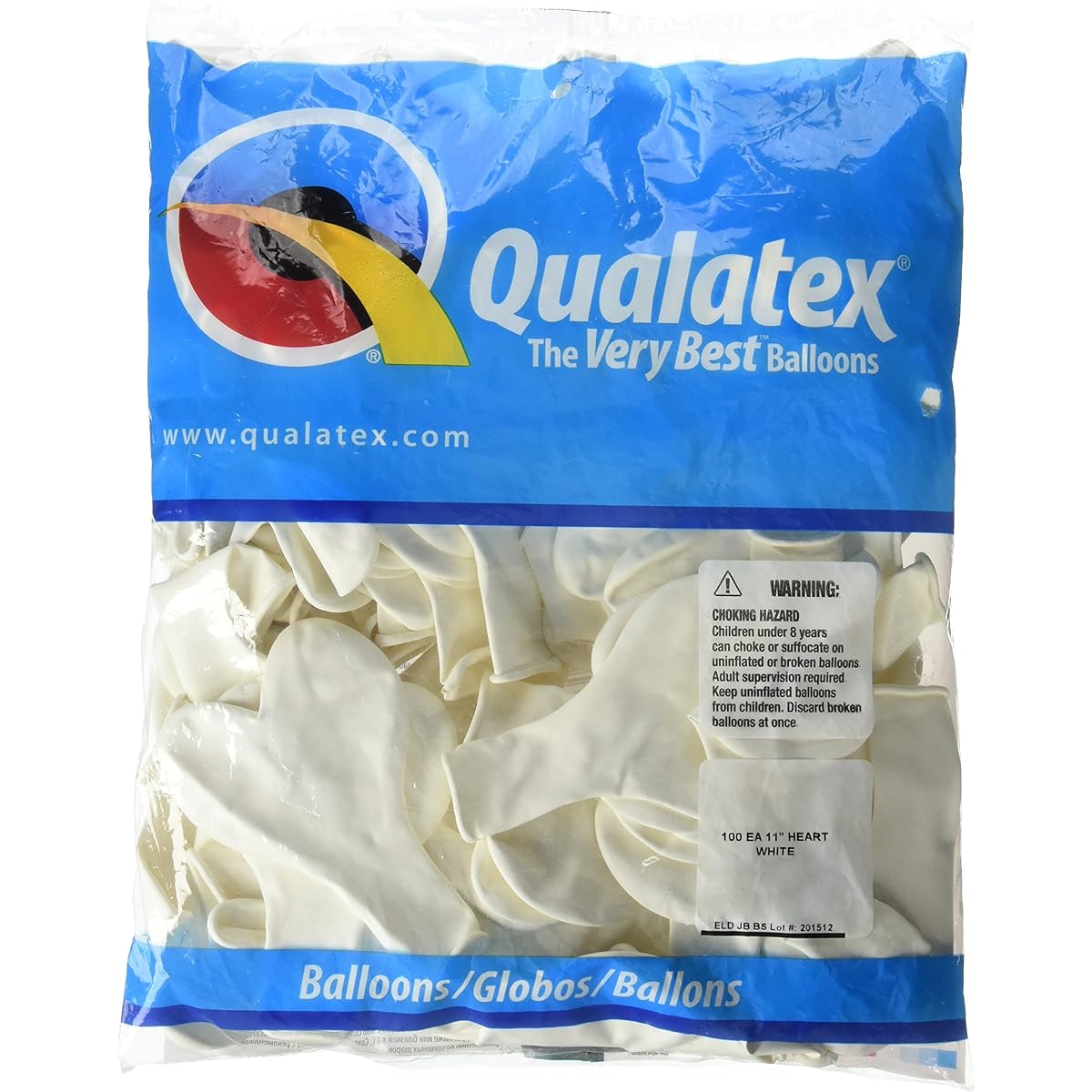 Qualatex balloons, 11 inch (28 cm), heart-shaped, white, value pack of 100