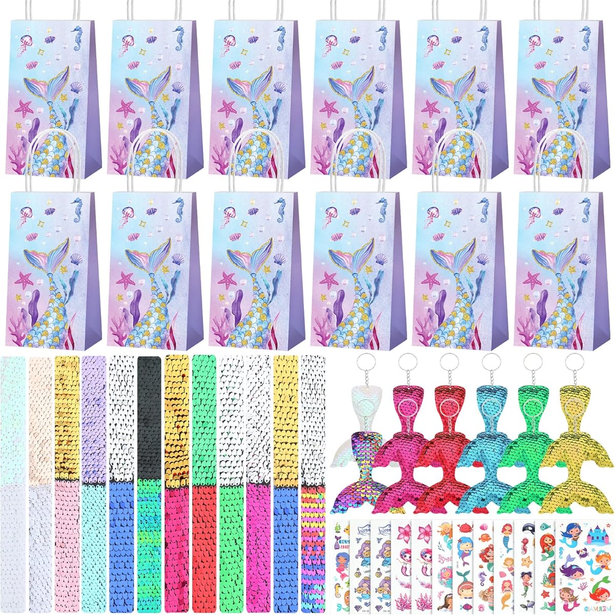 48 Piece Mermaid Party Favors Set Mermaid Pinata 12 Mermaid Gift Bags 12 Sequin Slap Bracelets 12 Mermaid Tail Keychains 12 Mermaid Tattoos Girls Birthday Mermaid Theme Party Decorations
