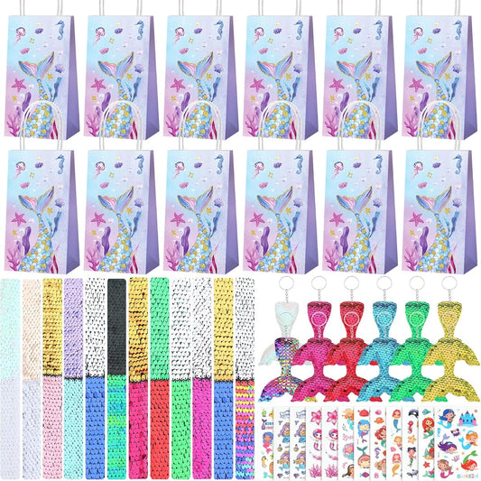 48 Piece Mermaid Party Favors Set Mermaid Pinata 12 Mermaid Gift Bags 12 Sequin Slap Bracelets 12 Mermaid Tail Keychains 12 Mermaid Tattoos Girls Birthday Mermaid Theme Party Decorations
