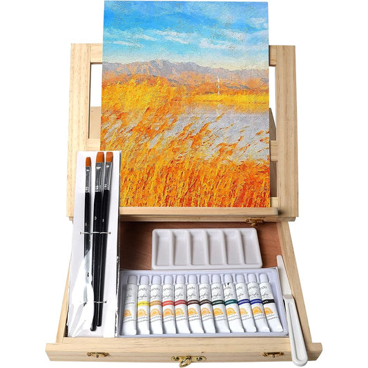 Tavolozza 19 Piece Painting Table Easel Set, Wooden Mixed Media Art Set Easel Kit, Tabletop Easel, Acrylic Paints, Brushes, Canvas Panels, Art Supplies for Beginners, Kids, Adults, Gifts