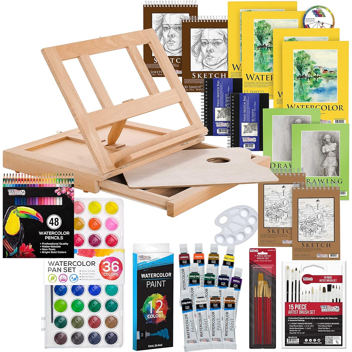 Wells, Wooden Pallete, 36-Piece Premium Watercolour Pencil Set, 45-Piece Artist Pencil & Watercolor Cake Set, 9x12 Drawing Paper Pad, 9x12 & 5.5x8.5 Spiral Sketch Paper Pads, 5.5x8.5 Hardbound Sketchbook & Now Includes a FREE Color Wheel by US Art Supply