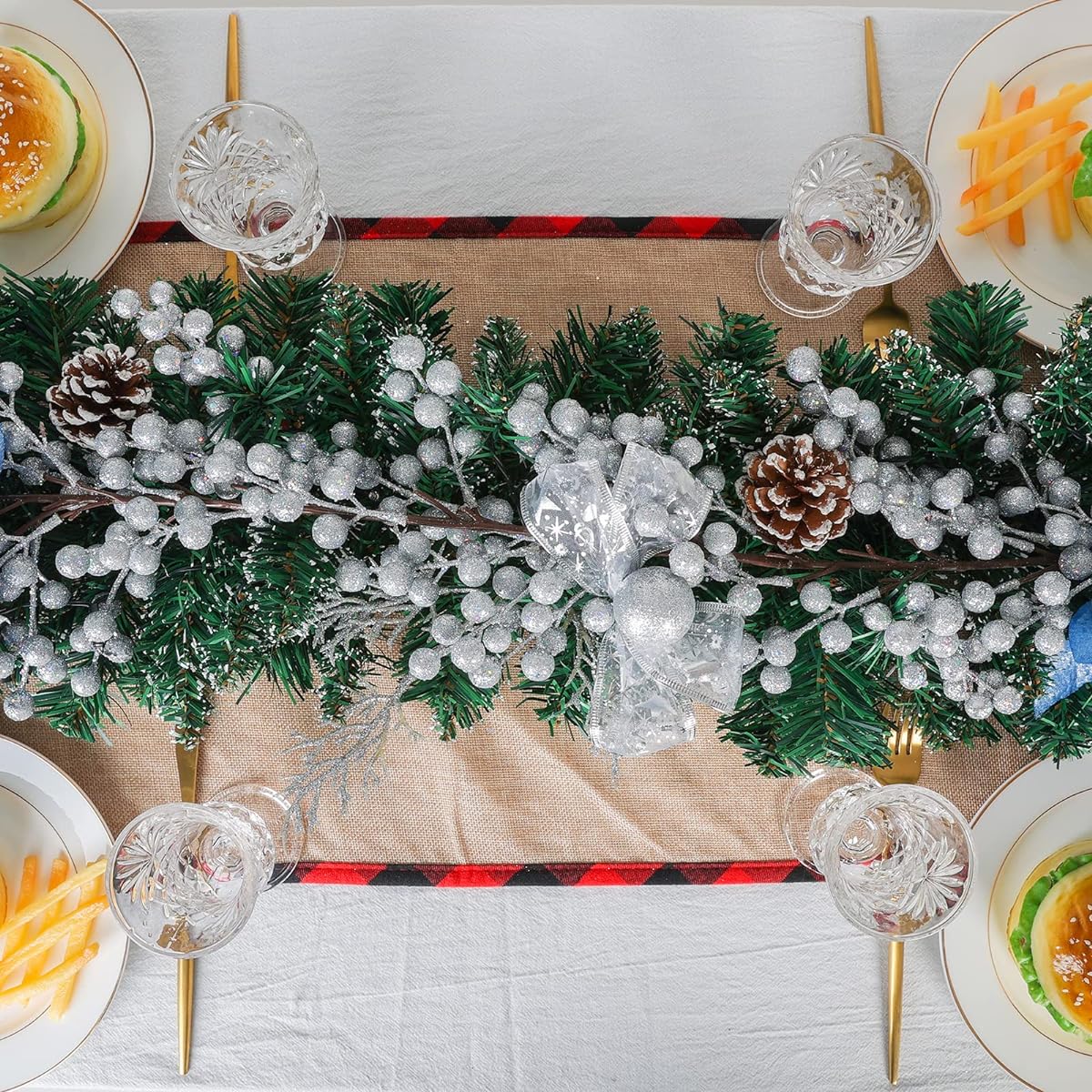 Silver Berry Garland Christmas Decorations - 8ft Artificial Red Berry Garland with Bendable Stem for Holiday Fireplace Stairs Table Decorations
