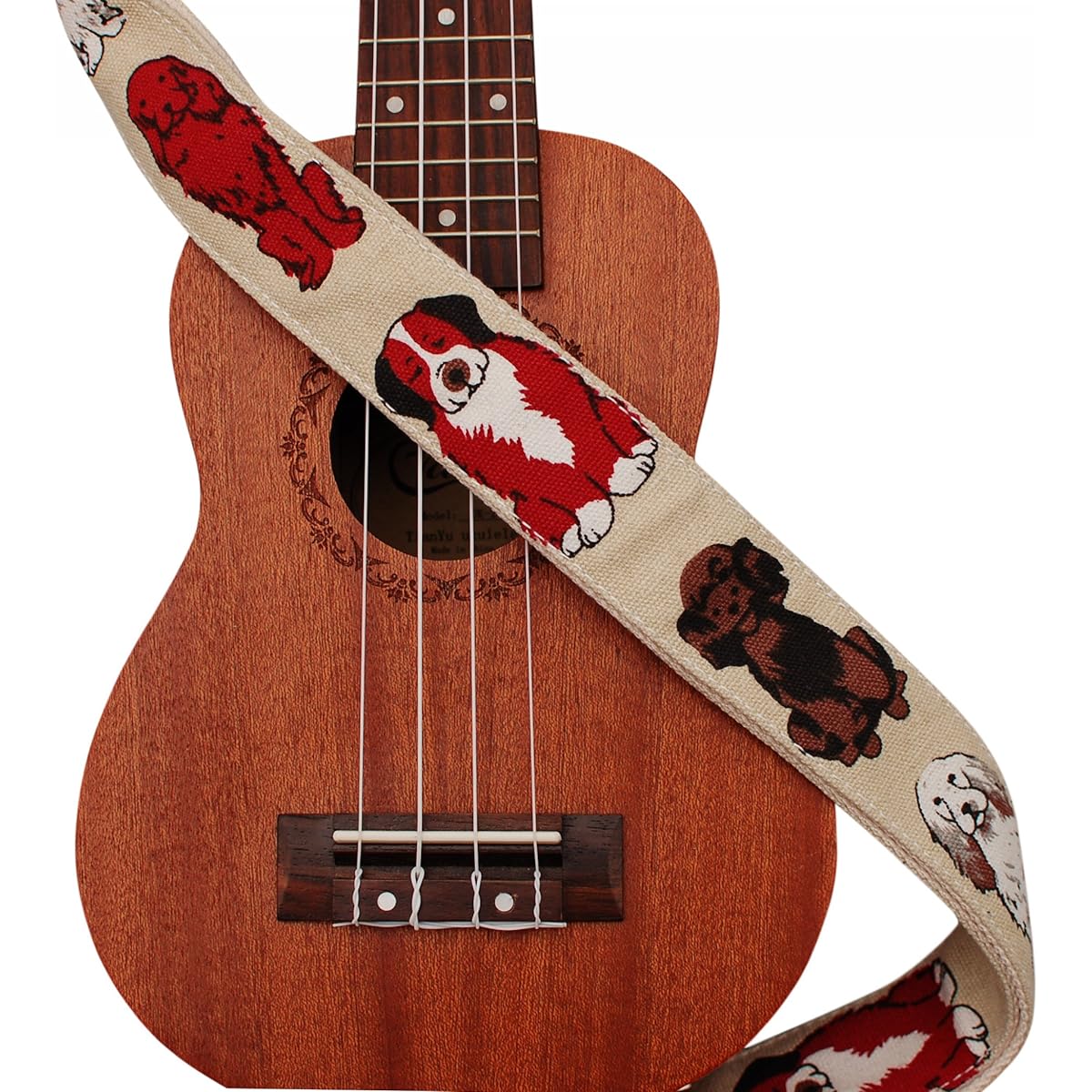 MUSIC FIRST Original Design "MR Dog" Soft Cotton & Genuine Leather Ukulele Strap Ukulele Shoulder Strap.