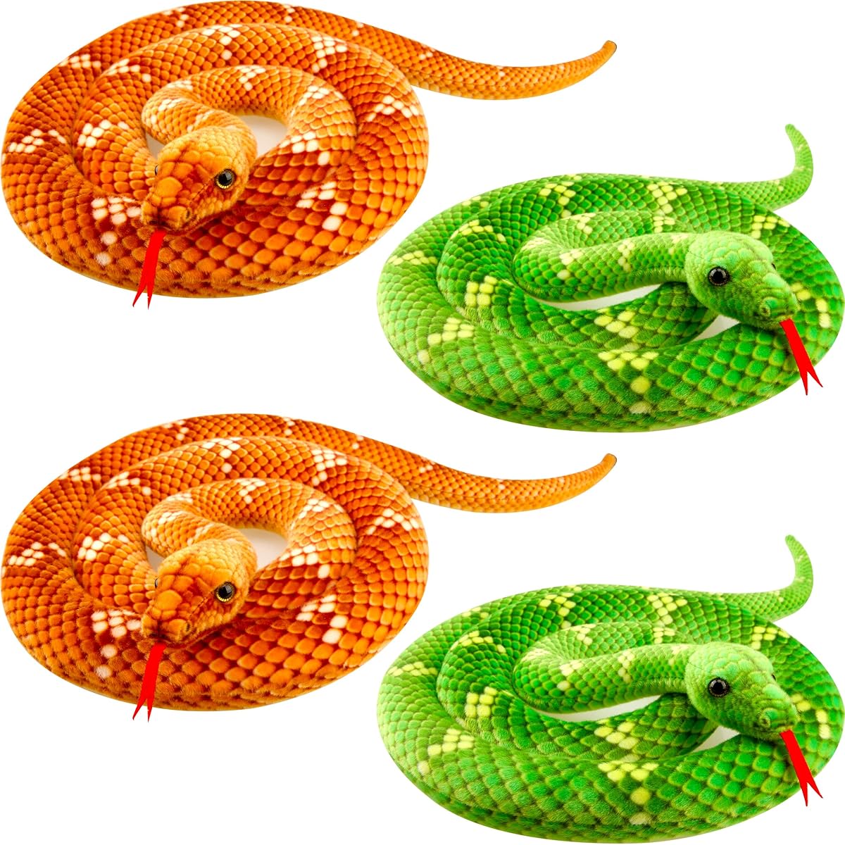 Haconba 4 Pack 75" Large Snake Animal Toys Giant Cobra Python Stuffed Animal Snake Animal Theme Birthday Party Supplies Halloween Gag Props (Green, Brown)