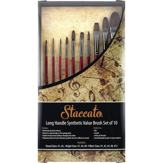 Staccato Artist Long Handle Fine Paint Brush Set for Canvas Painting, Synthetic Blending, Fine Detail, Multimedia, Heavy Body Acrylic Applications, 10 Piece Set