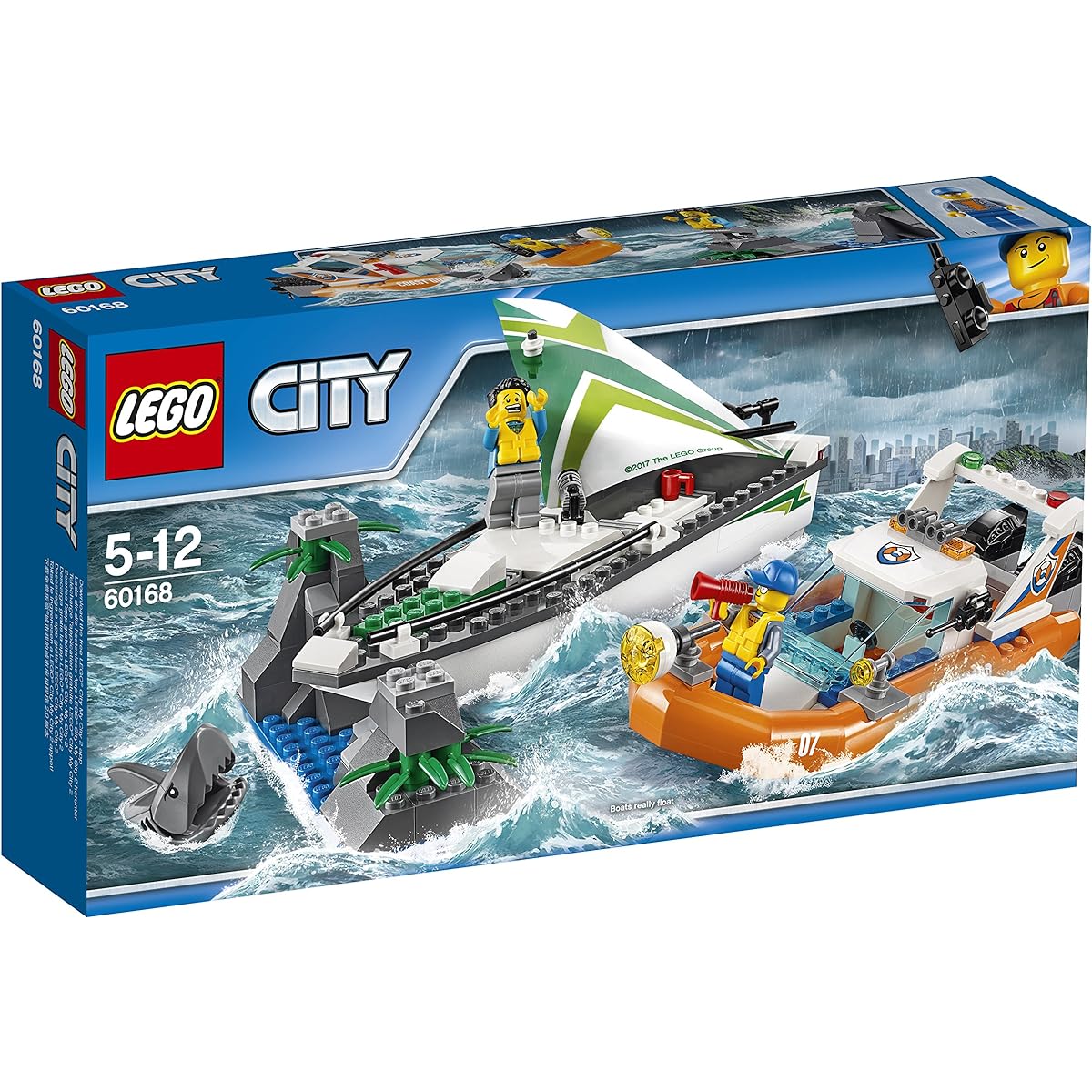 LEGO City 60168 Yacht and Rescue Boat Building Toy with Boat that Really Floats Includes: Coast Guard Rescue Boat, Yacht, Rock Island, 2 Minifigures, 1 Shark Minifigure. 195 Building Blocks. Product: 6174681.