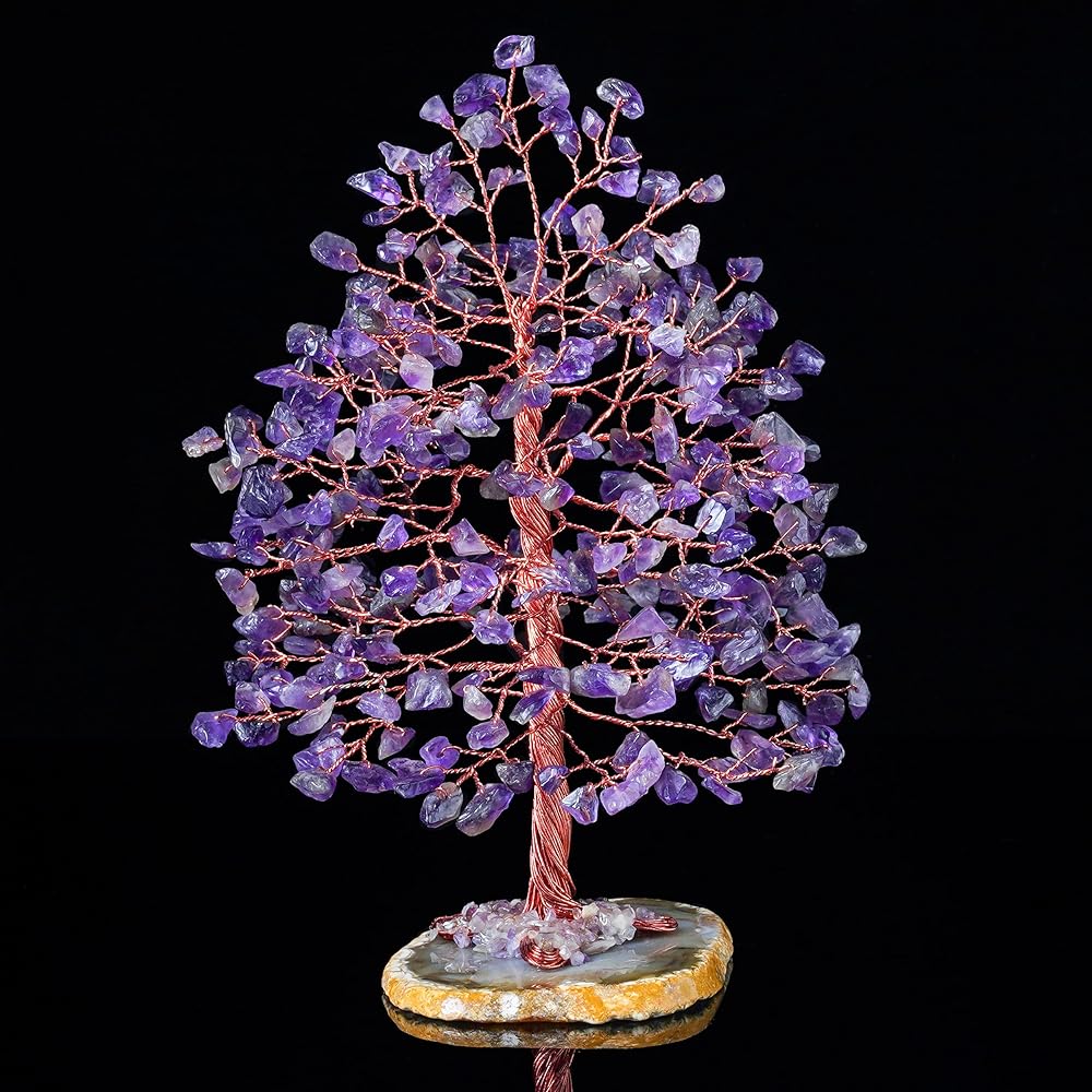 Crocon Amethyst Crystal Tree of Life - Geode Agate Slice Base, Positive Energy Chakra Tree, Handmade Gem Tree, Feng Shui Decoration - Copper Wire Money Bonsai, Healing Stone Gem, Luck, Spiritual Gift