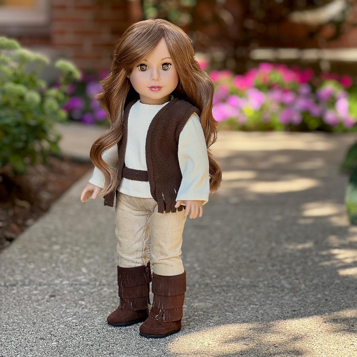 Warm and Cosy - 4 piece outfit - 46cm doll clothes - brown vest, ivory blouse, corduroy pants and brown boots. (doll not included)