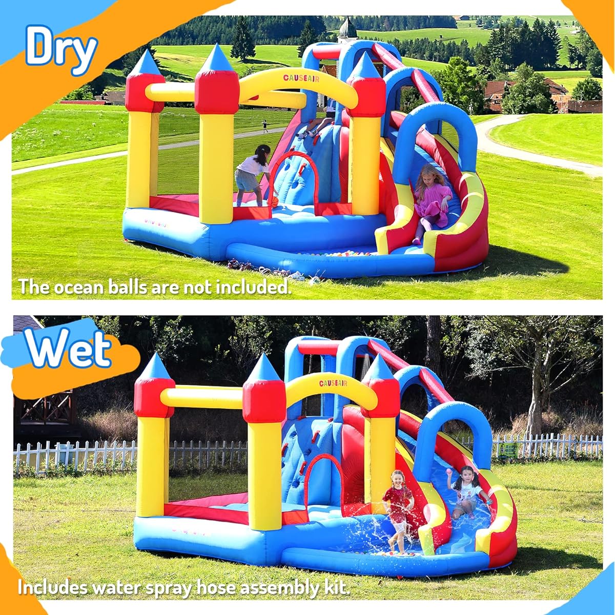 Causeair Giant Inflatable Bounce House with Water Slide, Wet & Dry Use, Basketball Hoop, Climbing Wall, Heavy Duty GFCI Blower, Bouncy Castle, Ball Pit