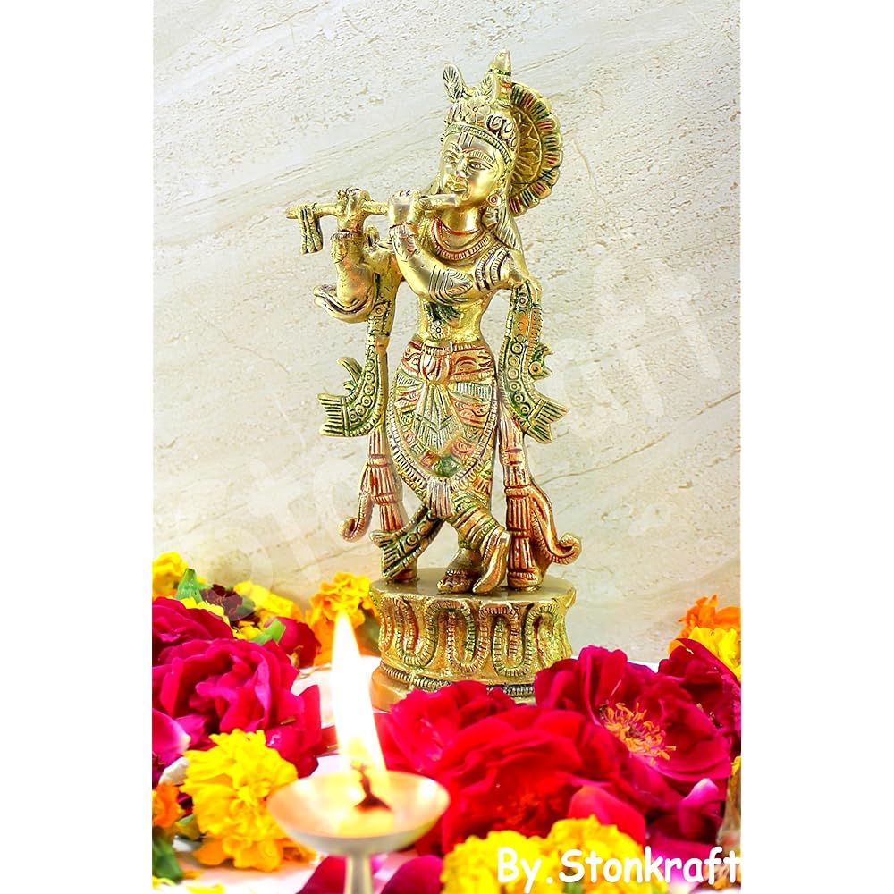 StonKraft - Krishna Kishan Ladhu Gopal Kanha Makhan Chor Murti Idol Statue Sculpture - Brass - 9" - Colored Krishna 9" Multicolor