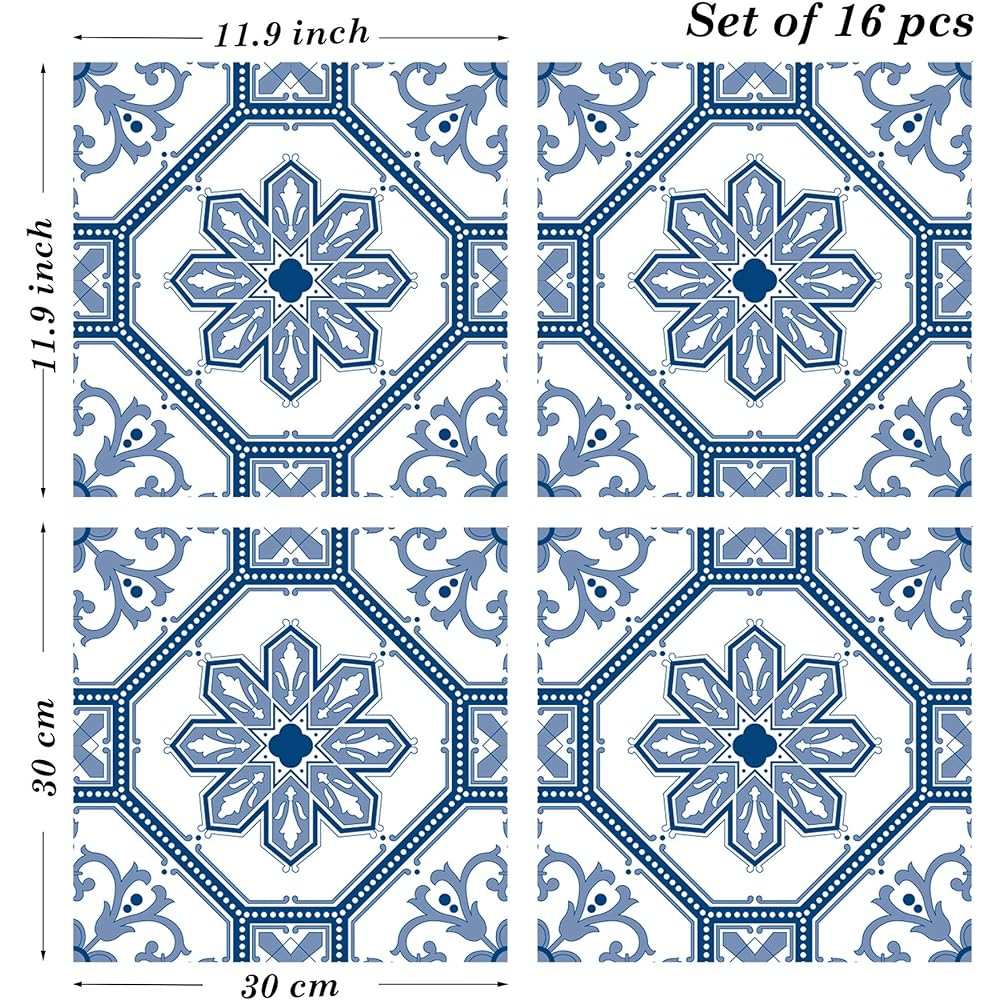 Poromoro Portuguese Spanish Azulejo Tile Stickers Peel and Stick Kitchen & Bathroom Mosaic Tile Stickers Set of 16 (11.9,29)