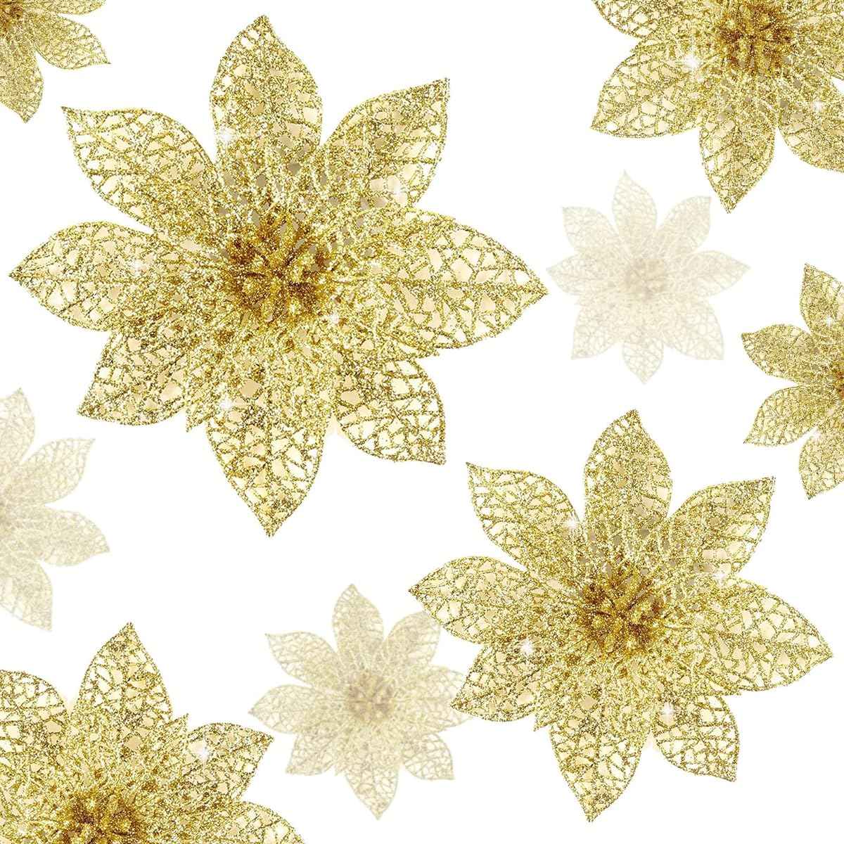Wironlst 36 Pieces 3 Sizes Sparkly Poinsettia Flowers Christmas Tree Ornaments Sparkly Poinsettia Bush Christmas Decorations for Christmas/Holiday/Seasonal/Wedding (Gold)