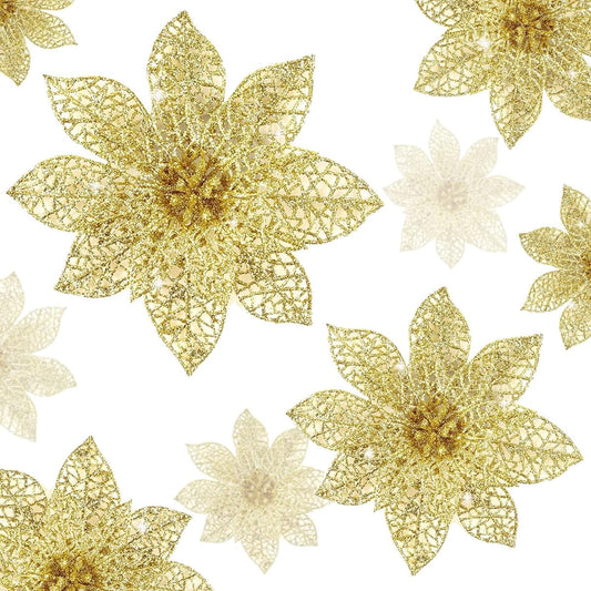 Wironlst 36 Pieces 3 Sizes Sparkly Poinsettia Flowers Christmas Tree Ornaments Sparkly Poinsettia Bush Christmas Decorations for Christmas/Holiday/Seasonal/Wedding (Gold)