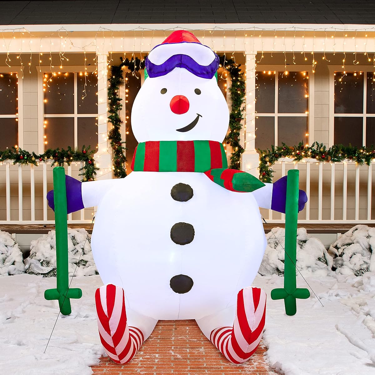 Joiedomi 6ft Tall Skiing Snowman Inflatable with Built-in LEDs, Inflatable Christmas Party Indoor Outdoor Yard Garden Lawn Winter Decoration