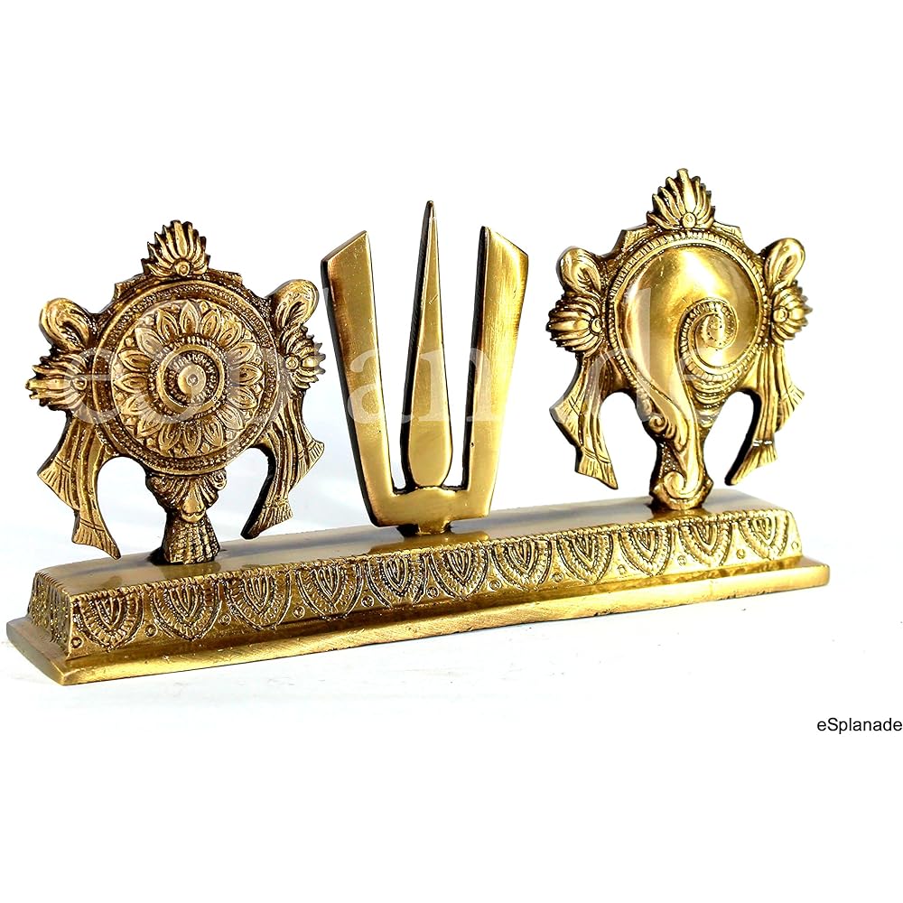 eSplanade Brass Shank Chakra Nama Showpiece | Shanka Chakra Tilak | Shanka Gada Padma | Padmanabhaswami | Vishnu | Home Decoration | Golden and Brown