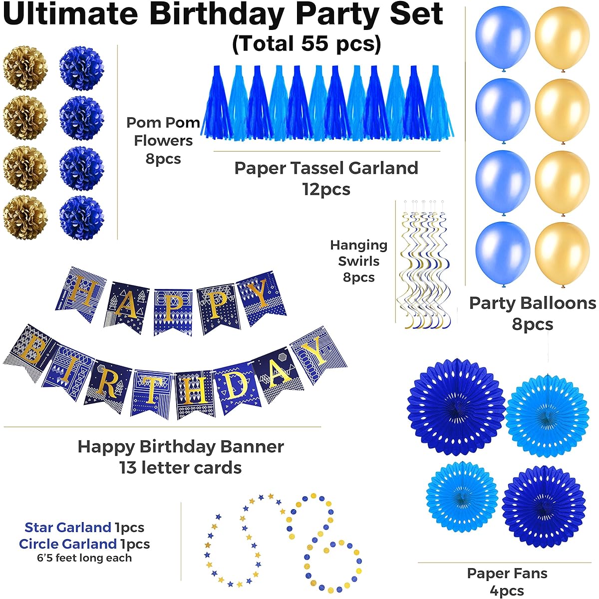 Happy Birthday Decoration Banner Set of 8 Honeycomb Balls by ENFY Blue ENF4752165001069