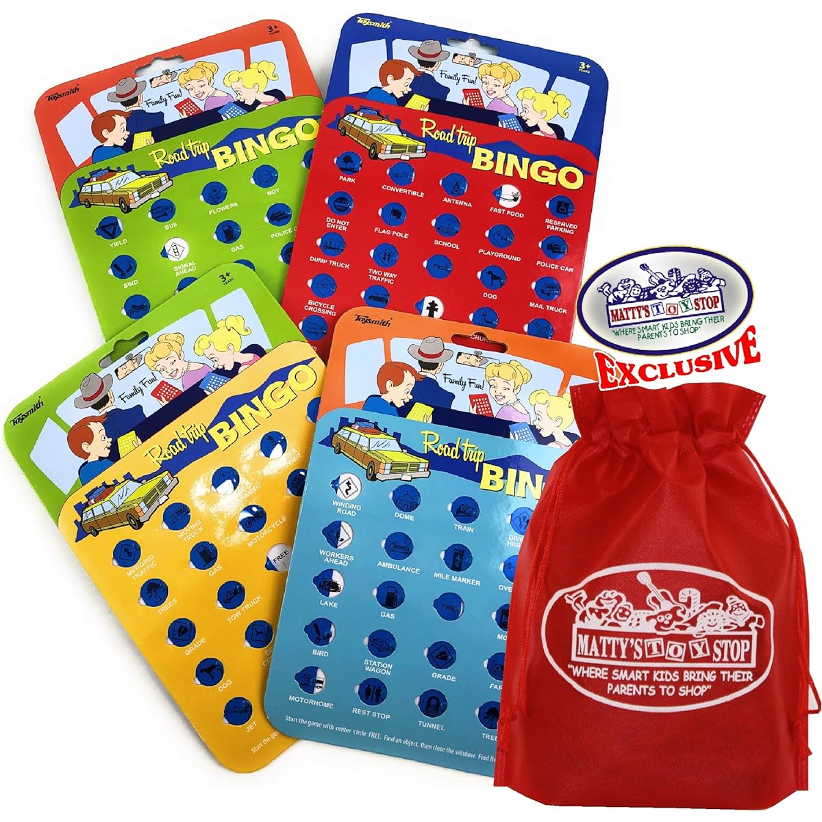 Toysmith Road Trip Bingo Cards Red Blue Green Orange Gift Set Travel Bundle with Bonus Matte Toy Stop Storage Bag - 4 Pack