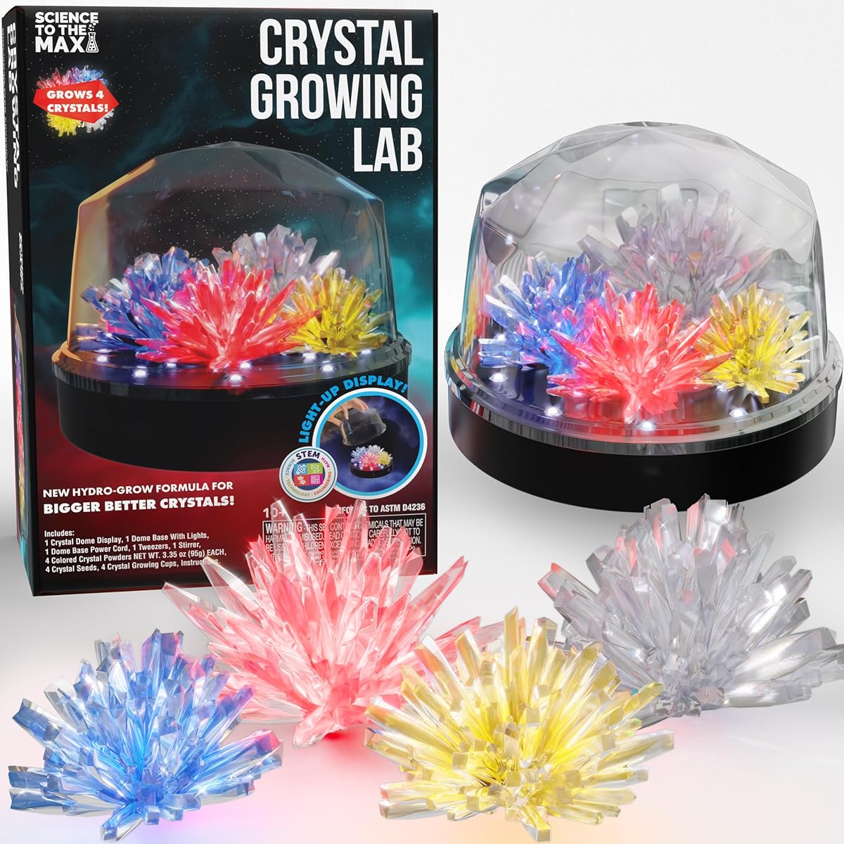Creative Kids Science Kit for Kids Crystal Growing Kit + Light Up Display Dome - Make Your Own 4 Large Crystals DIY Educational Experiment STEM Birthday Craft Gift for Boys & Girls