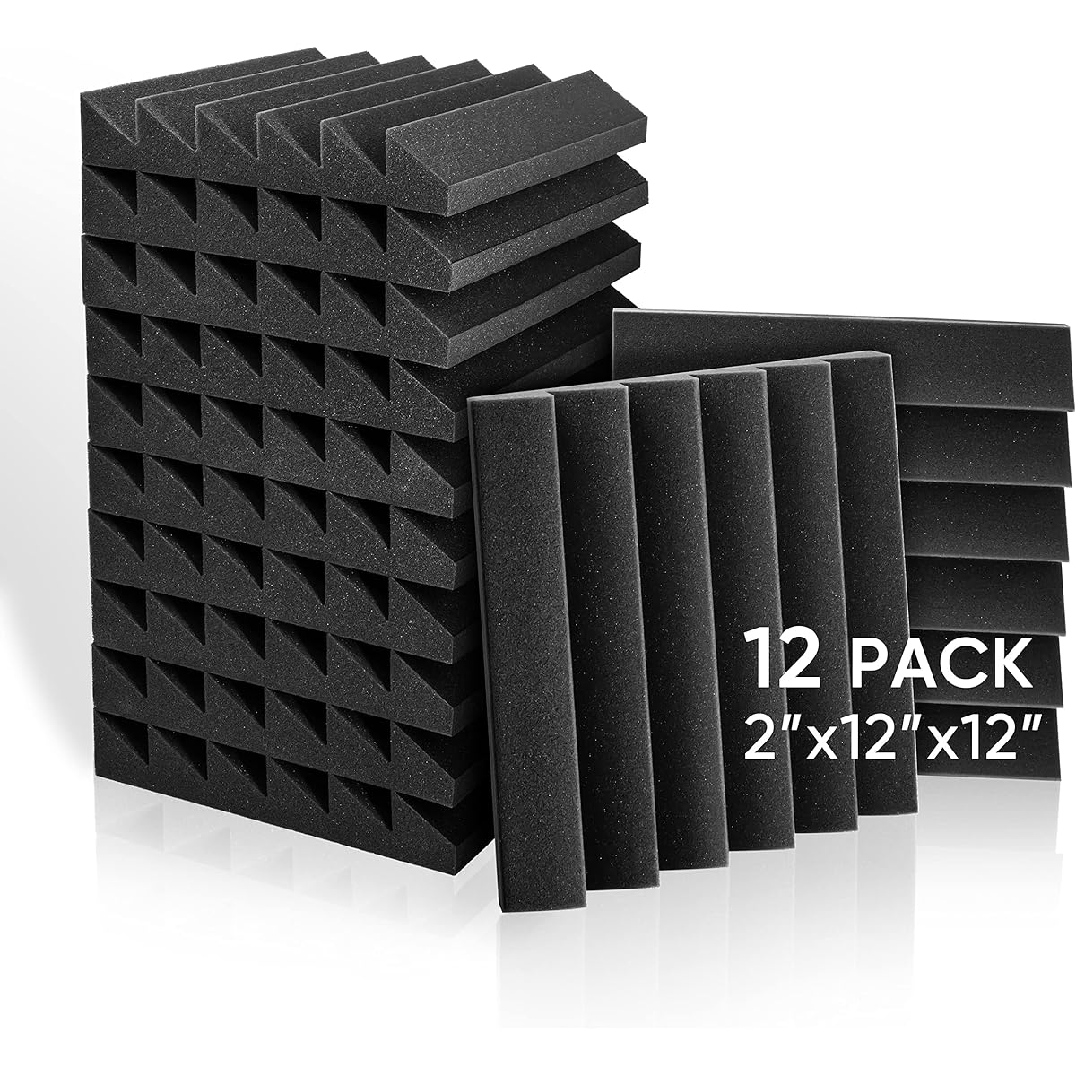 12 Pack Soundproofing Foam Sound Deadening Decorative 12" x 12" x 2" Tile Panels for Walls Ceiling Home Studio (Black)